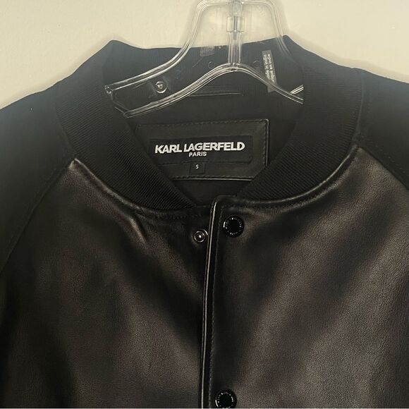 KARL LAGERFELD PARIS Size Small Neil Snap Front Black Leather Bomber Jacket - Picture 4 of 8